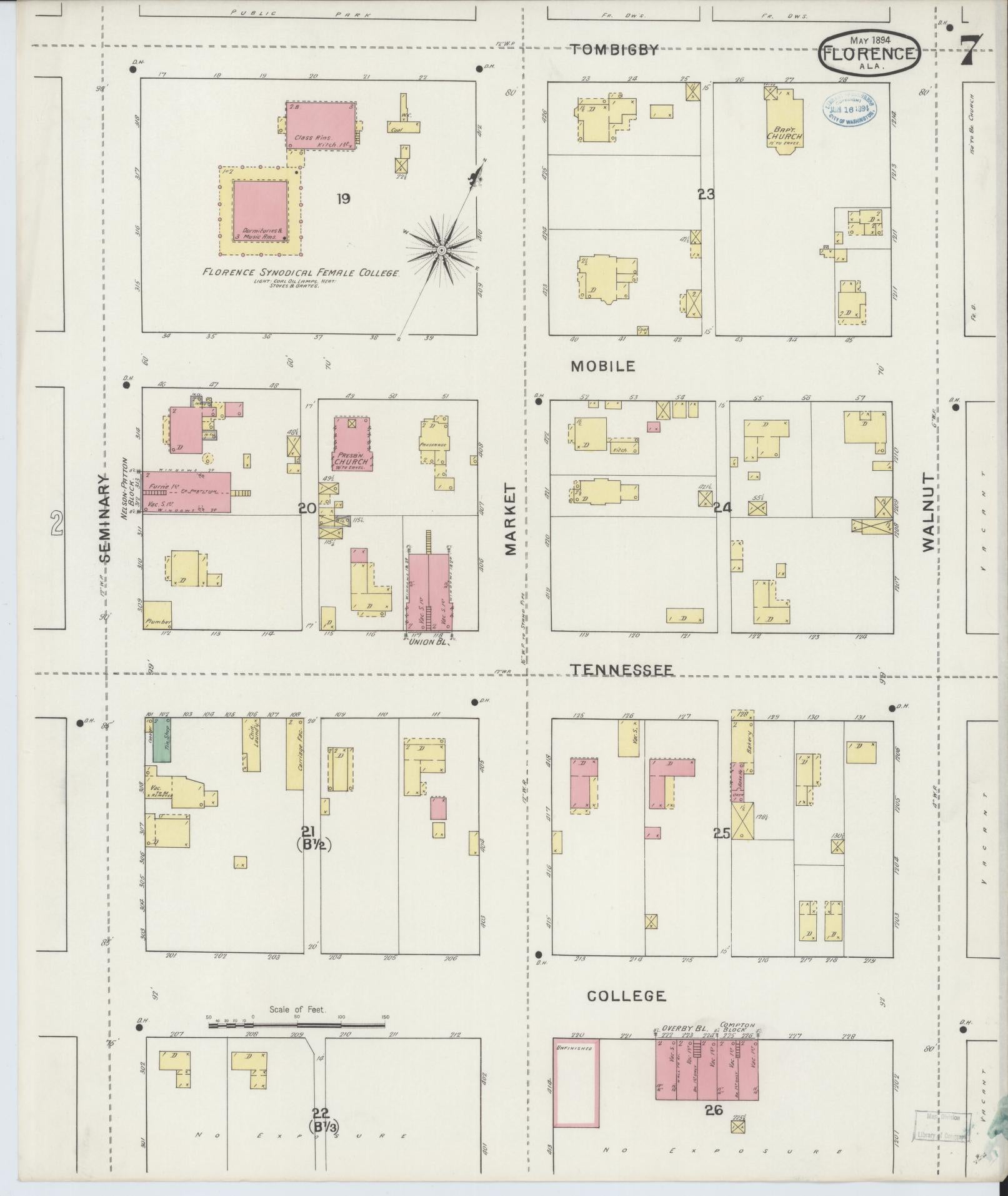 Sanborn Fire Insurance Map from Florence, Lauderdale County, Alabama (1894), Sheet #0007 - Historic Sanborn Fire Insurance Map Print, vintage old map wall art, antique decor, genealogy gift, Alabama Alabama map