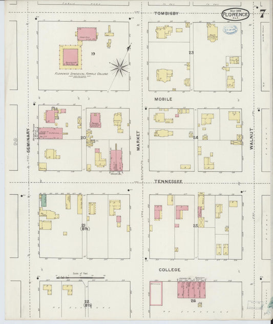 Sanborn Fire Insurance Map from Florence, Lauderdale County, Alabama (1894), Sheet #0007 - Historic Sanborn Fire Insurance Map Print, vintage old map wall art, antique decor, genealogy gift, Alabama Alabama map