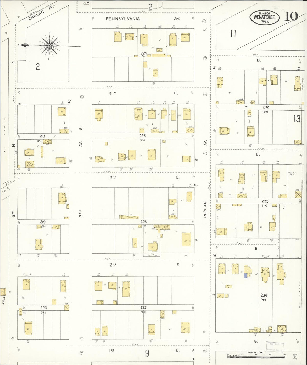 Sanborn Fire Insurance Map from Wenatchee, Chelan County, Washington (1909), Sheet #0010 - Historic Sanborn Fire Insurance Map Print, vintage old map wall art, antique decor, genealogy gift, Washington Washington map