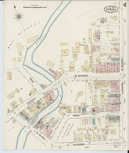 Sanborn Fire Insurance Map from Adrian, Lenawee County, Michigan (1888), Sheet #0004 - Historic Sanborn Fire Insurance Map Print, vintage old map wall art, antique decor, genealogy gift, Michigan Michigan map