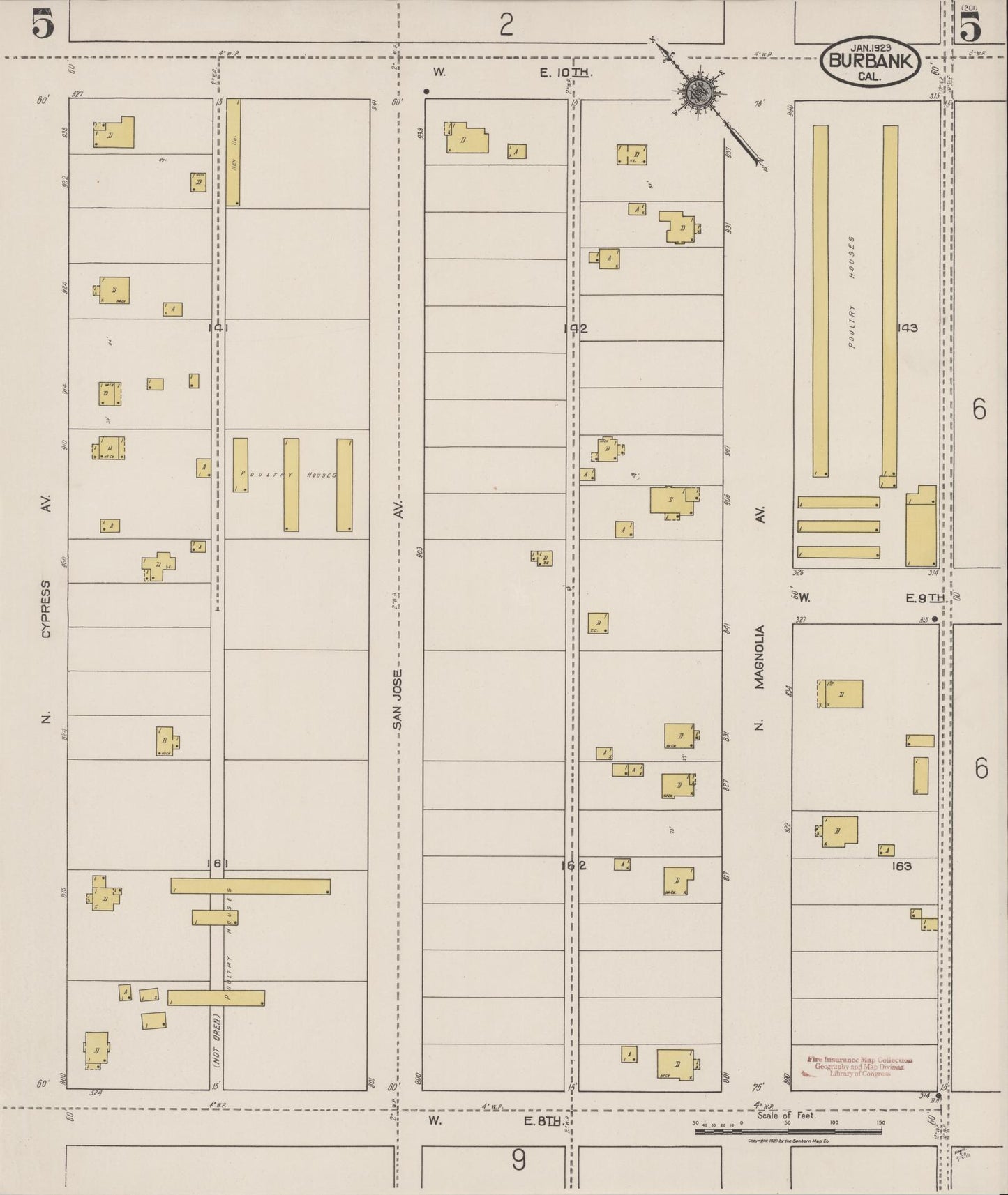 Sanborn Fire Insurance Map from Burbank, Los Angeles County, California (1923), Sheet #0005 - Complete Map Set gallery image, historic Sanborn map, vintage wall art, California California