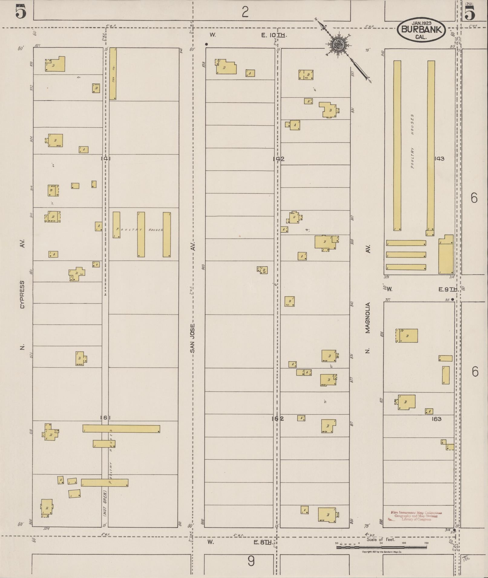 Sanborn Fire Insurance Map from Burbank, Los Angeles County, California (1923), Sheet #0005 - Complete Map Set gallery image, historic Sanborn map, vintage wall art, California California