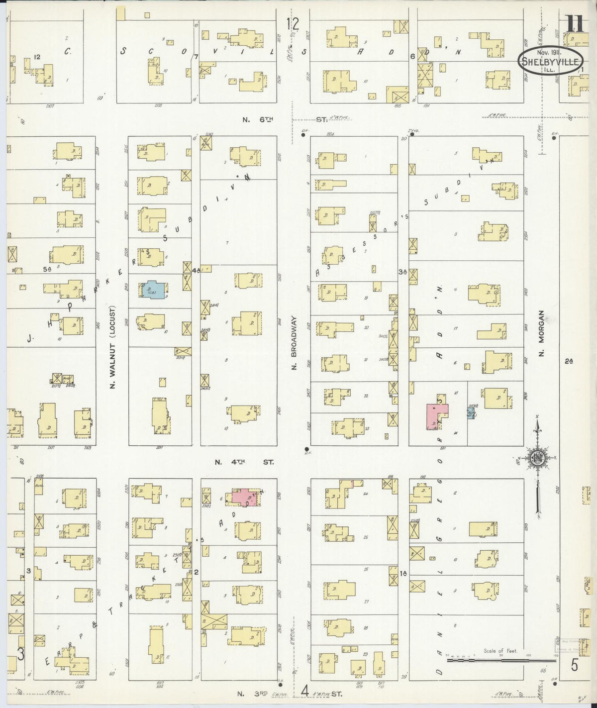 Sanborn Fire Insurance Map from Shelbyville, Shelby County, Illinois (1911), Sheet #0011 - Complete Map Set gallery image, historic Sanborn map, vintage wall art, Illinois Illinois