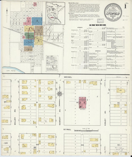 Sanborn Fire Insurance Map from Litchfield, Meeker County, Minnesota (1917), Sheet #0001 - Historic Sanborn Fire Insurance Map Print, vintage old map wall art, antique decor, genealogy gift, Minnesota Minnesota map