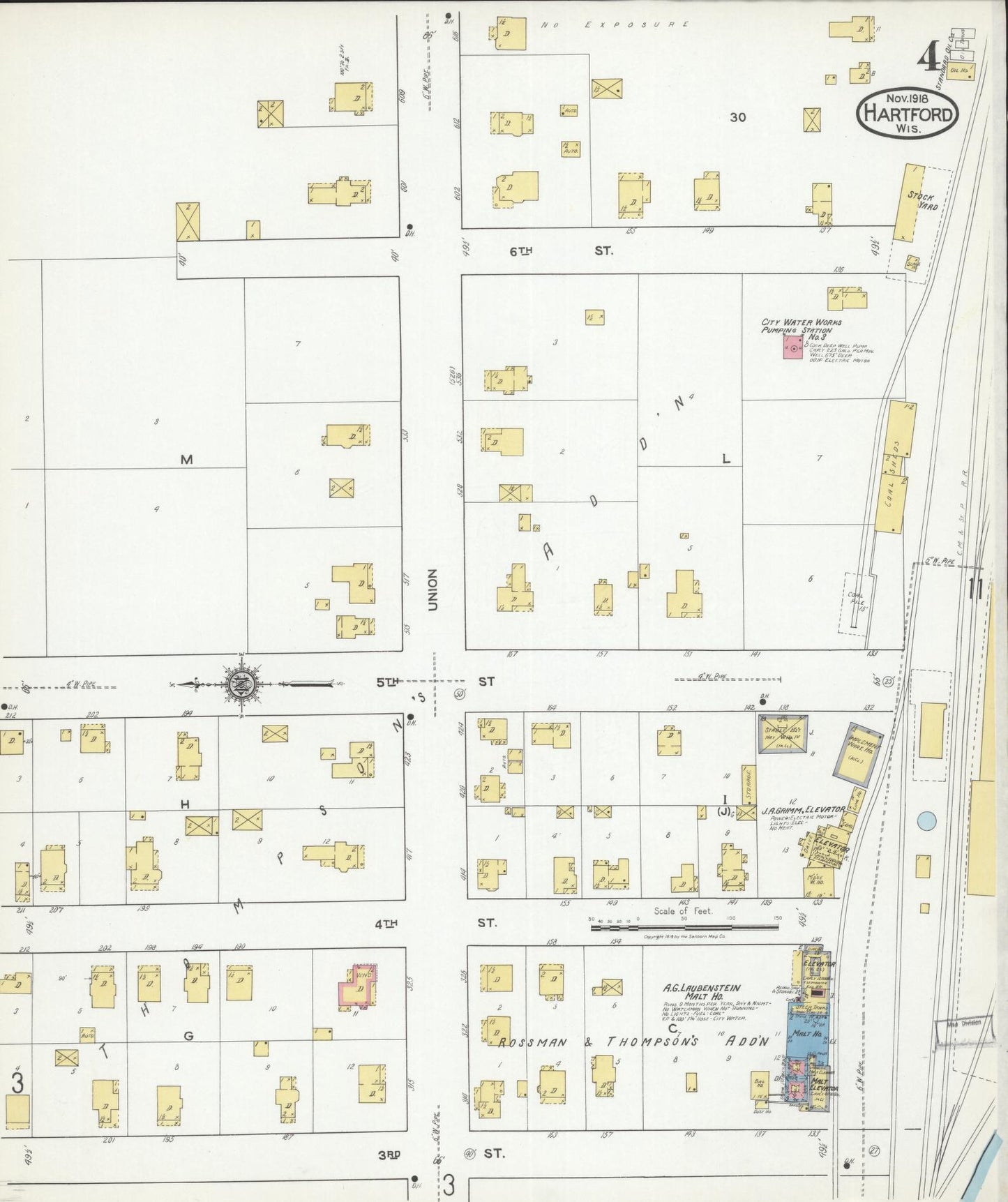 Sanborn Fire Insurance Map from Hartford, Washington County, Wisconsin (1918), Sheet #0004 - Historic Sanborn Fire Insurance Map Print, vintage old map wall art, antique decor, genealogy gift, Wisconsin Wisconsin map
