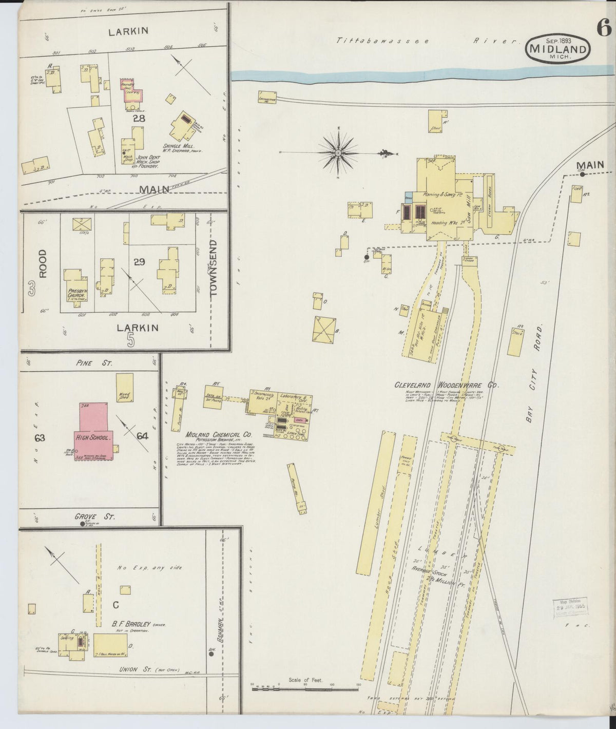 Sanborn Fire Insurance Map from Midland, Midland County, Michigan (1893), Sheet #0006 - Historic Sanborn Fire Insurance Map Print, vintage old map wall art, antique decor, genealogy gift, Michigan Michigan map