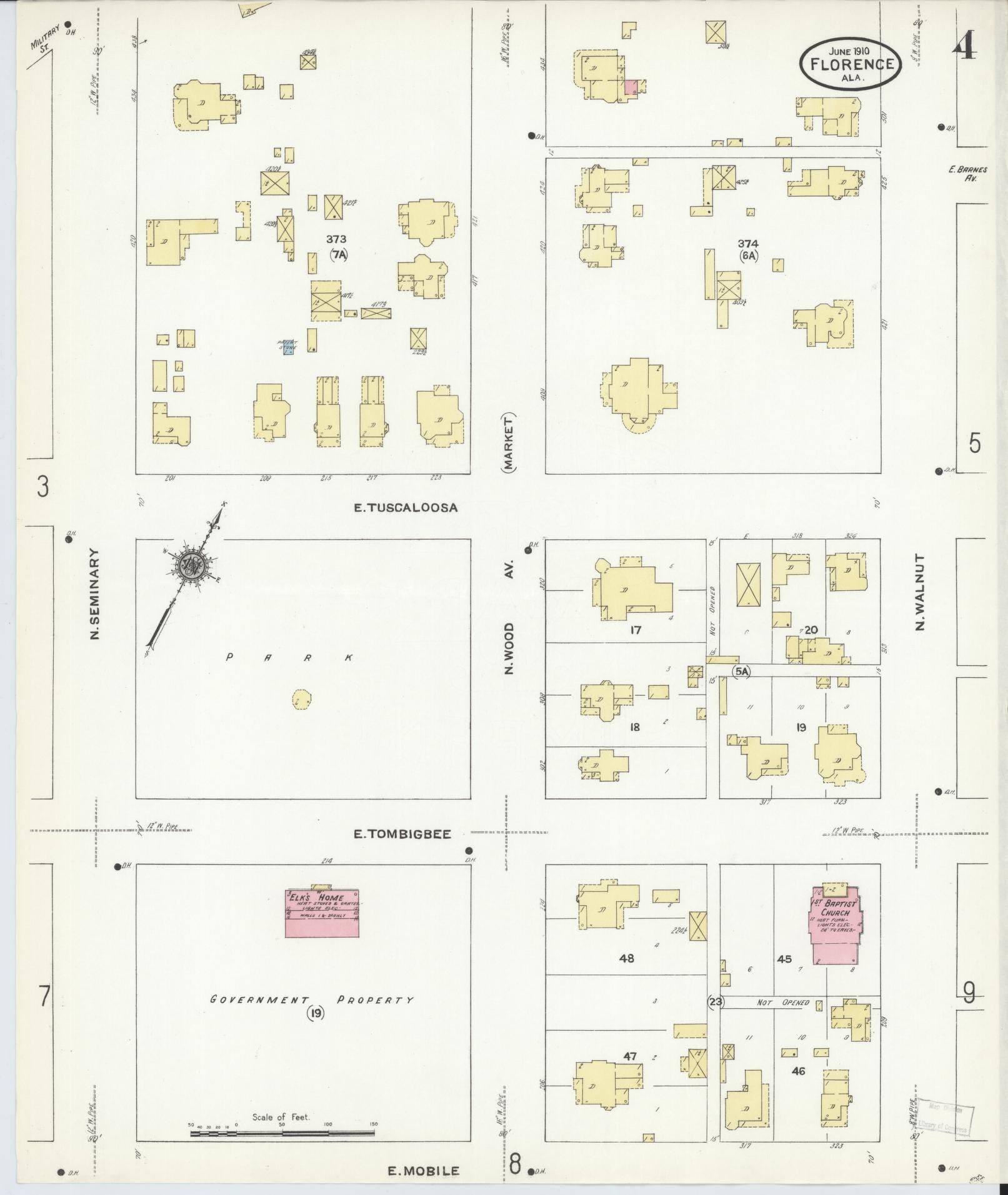 Sanborn Fire Insurance Map from Florence, Lauderdale County, Alabama (1910), Sheet #0004 - Historic Sanborn Fire Insurance Map Print, vintage old map wall art, antique decor, genealogy gift, Alabama Alabama map