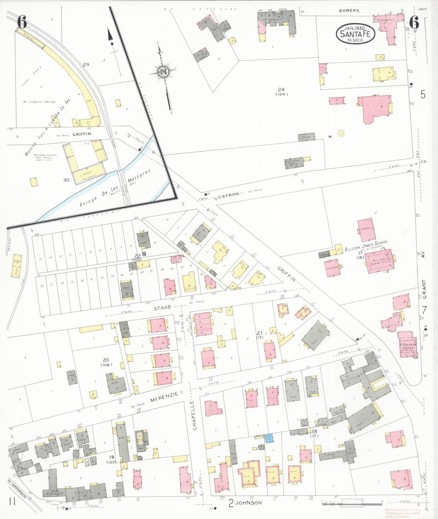 Sanborn Fire Insurance Map from Santa Fe, Santa Fe County, New Mexico (1930), Sheet #0006 - Complete Map Set gallery image, historic Sanborn map, vintage wall art, New Mexico New Mexico