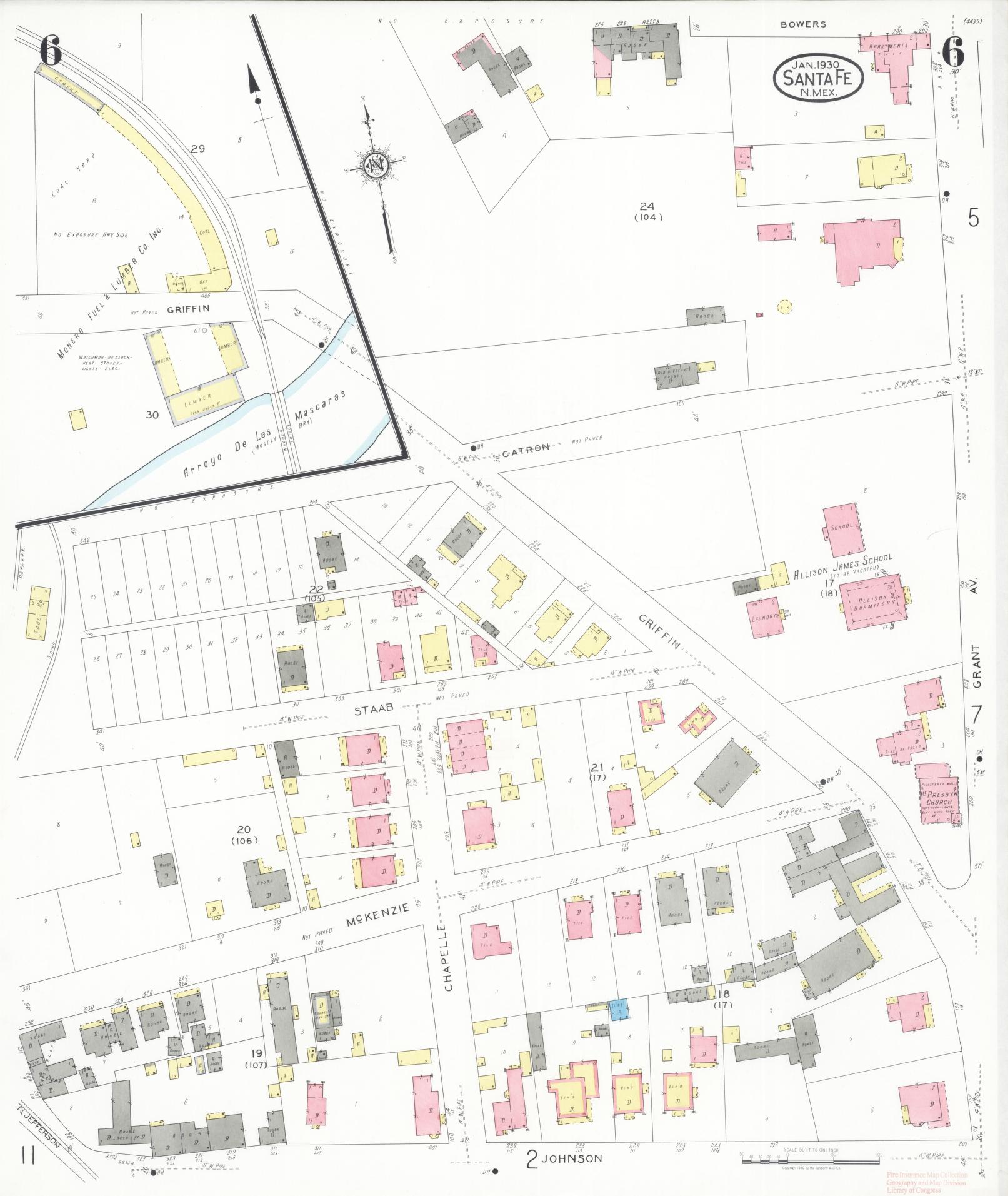 Sanborn Fire Insurance Map from Santa Fe, Santa Fe County, New Mexico (1930), Sheet #0006 - Complete Map Set gallery image, historic Sanborn map, vintage wall art, New Mexico New Mexico