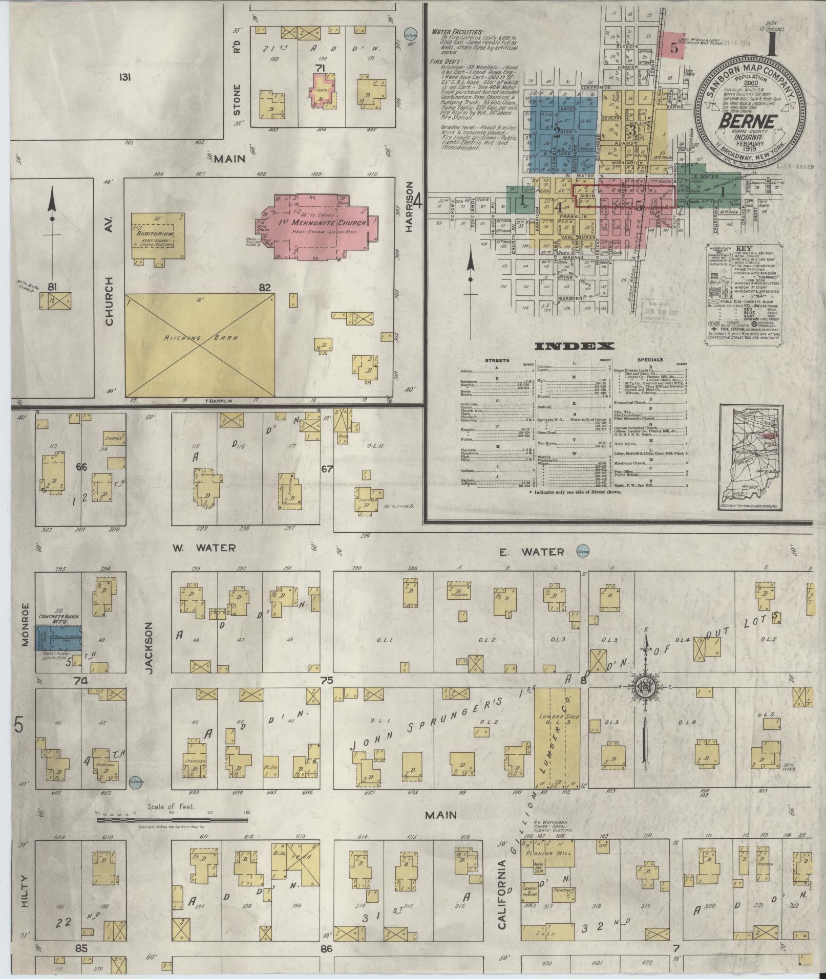 Sanborn Fire Insurance Map from Berne, Adams County, Indiana (1919), Sheet #0001 - Complete Map Set gallery image, historic Sanborn map, vintage wall art, Indiana Indiana