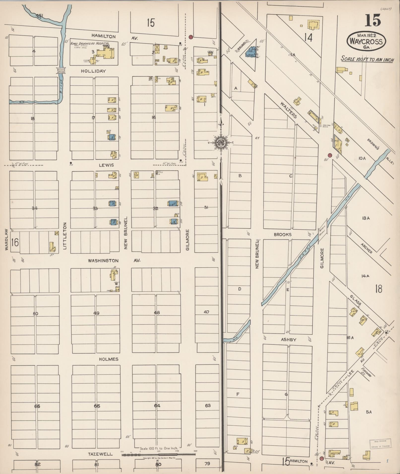 Sanborn Fire Insurance Map from Waycross, Ware County, Georgia (1922), Sheet #0015 - Complete Map Set gallery image, historic Sanborn map, vintage wall art, Georgia Georgia