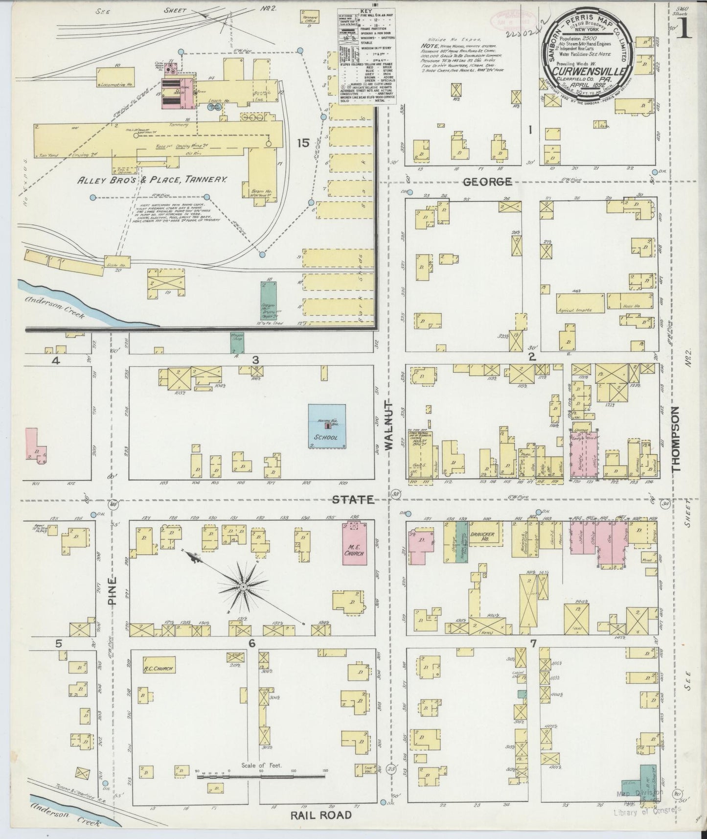 Sanborn Fire Insurance Map from Curwensville, Clearfield County, Pennsylvania (1892), Sheet #0001 - Historic Sanborn Fire Insurance Map Print, vintage old map wall art, antique decor, genealogy gift, Pennsylvania Pennsylvania map