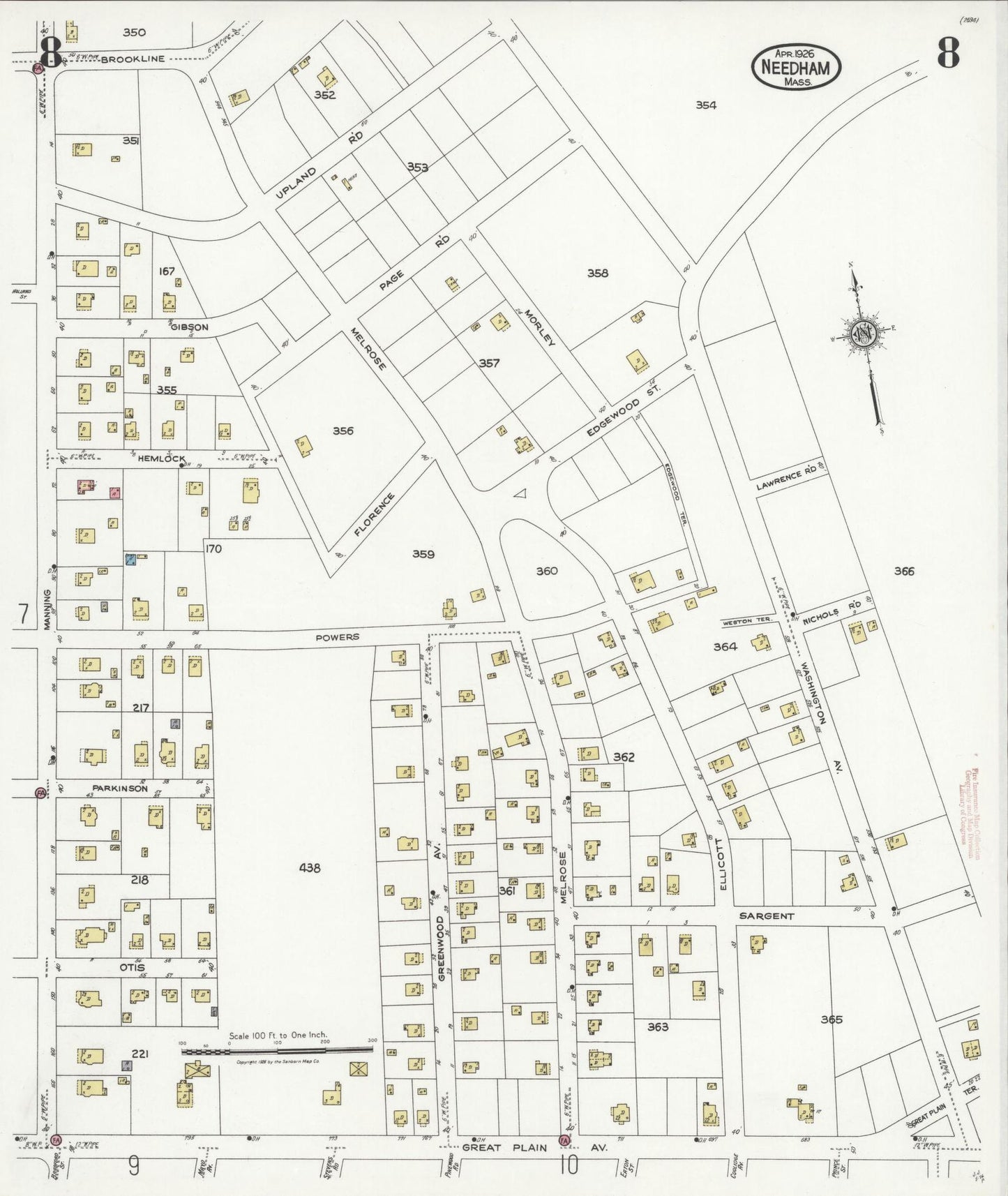 Sanborn Fire Insurance Map from Needham, Norfolk County, Massachusetts (1926), Sheet #0008 - Complete Map Set gallery image, historic Sanborn map, vintage wall art, Massachusetts Massachusetts