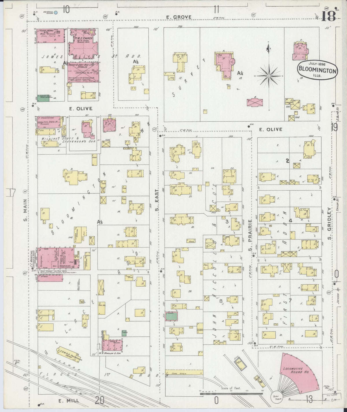 Sanborn Fire Insurance Map from Bloomington, McLean County, Illinois (1896), Sheet #0018 - Historic Sanborn Fire Insurance Map Print, vintage old map wall art, antique decor, genealogy gift, Illinois Illinois map