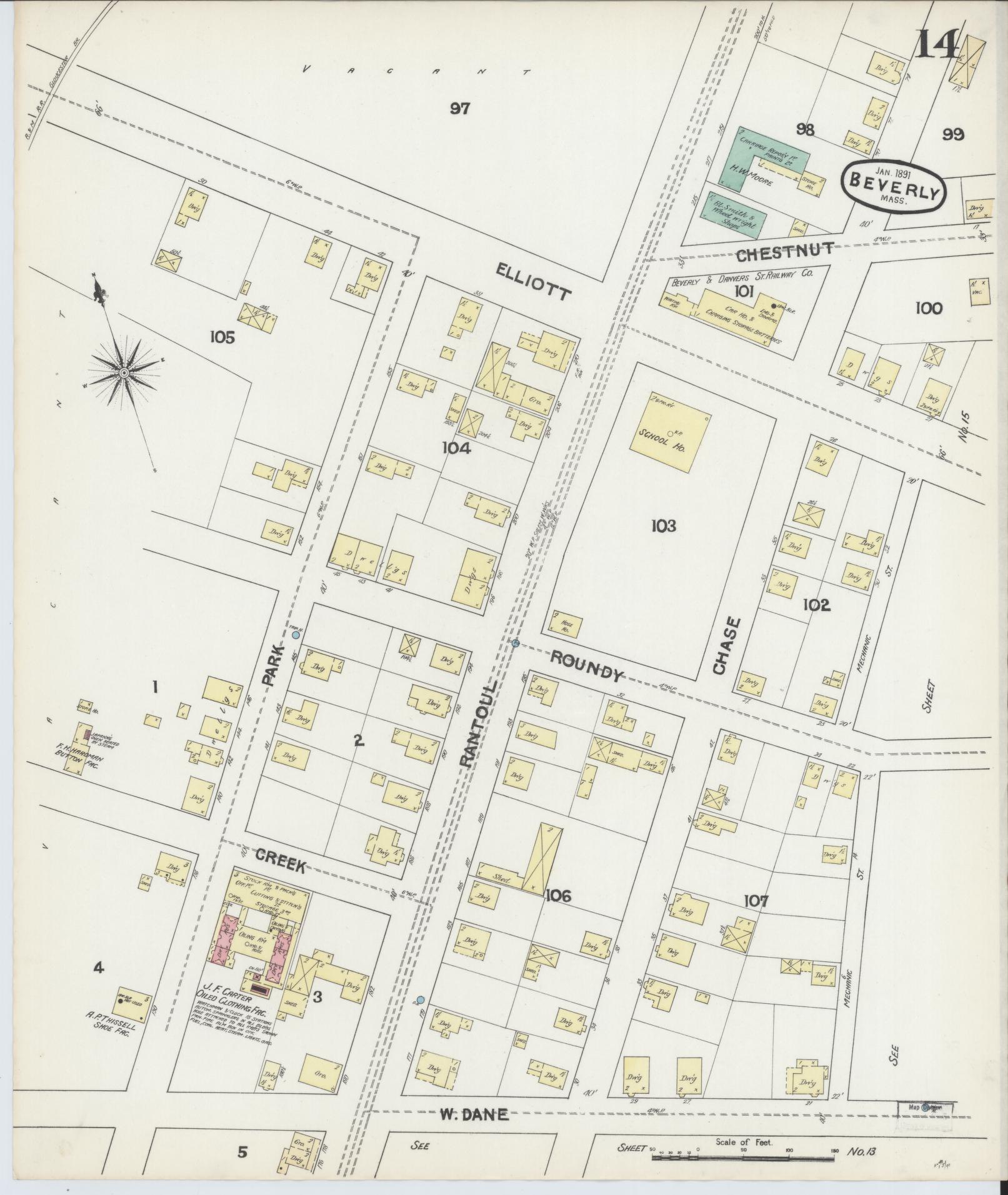Sanborn Fire Insurance Map from Beverly, Essex County, Massachusetts (1891), Sheet #0014 - Complete Map Set gallery image, historic Sanborn map, vintage wall art, Massachusetts Massachusetts