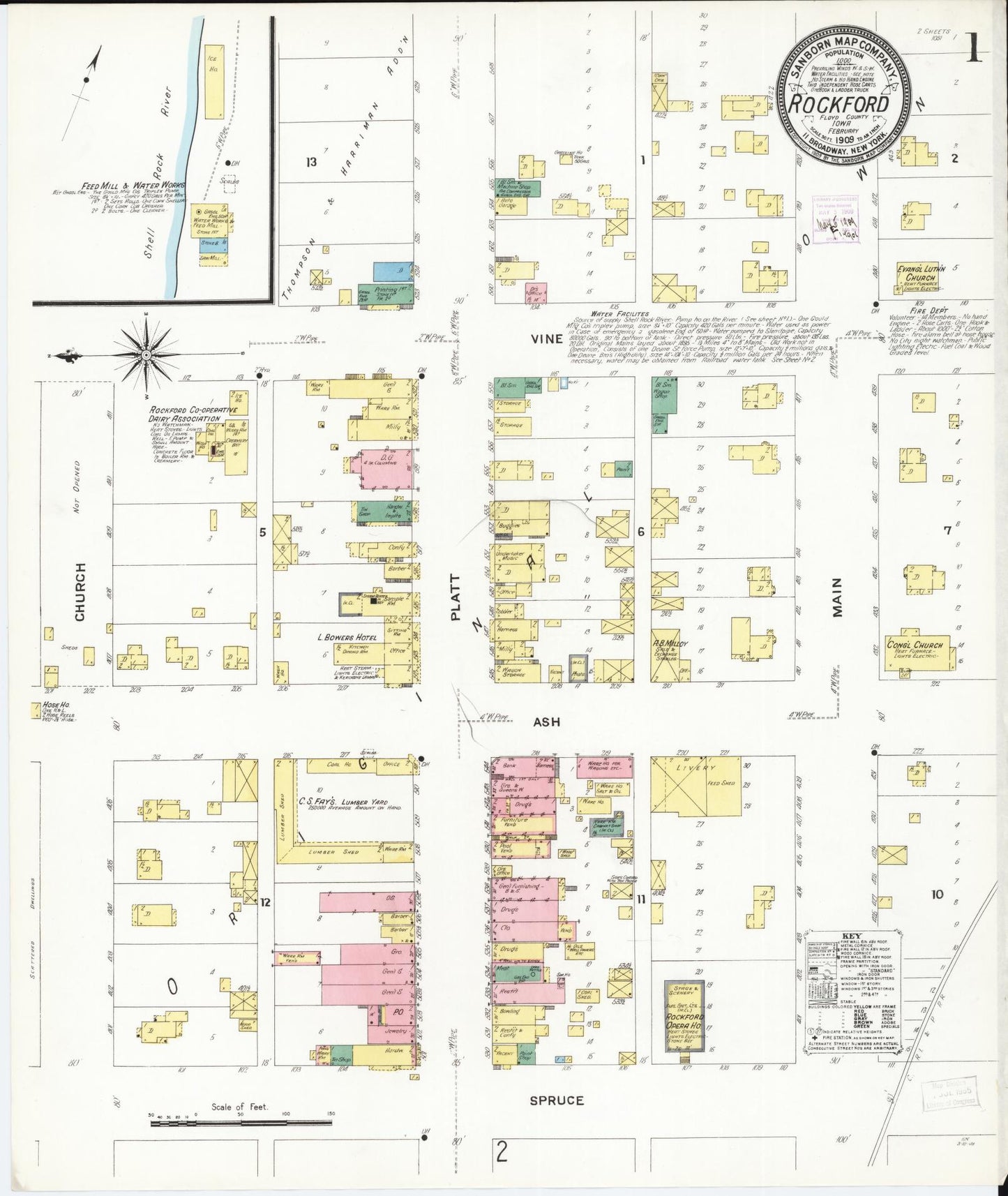 Sanborn Fire Insurance Map from Rockford, Floyd County, Iowa (1909), Sheet #0001 - Historic Sanborn Fire Insurance Map Print, vintage old map wall art