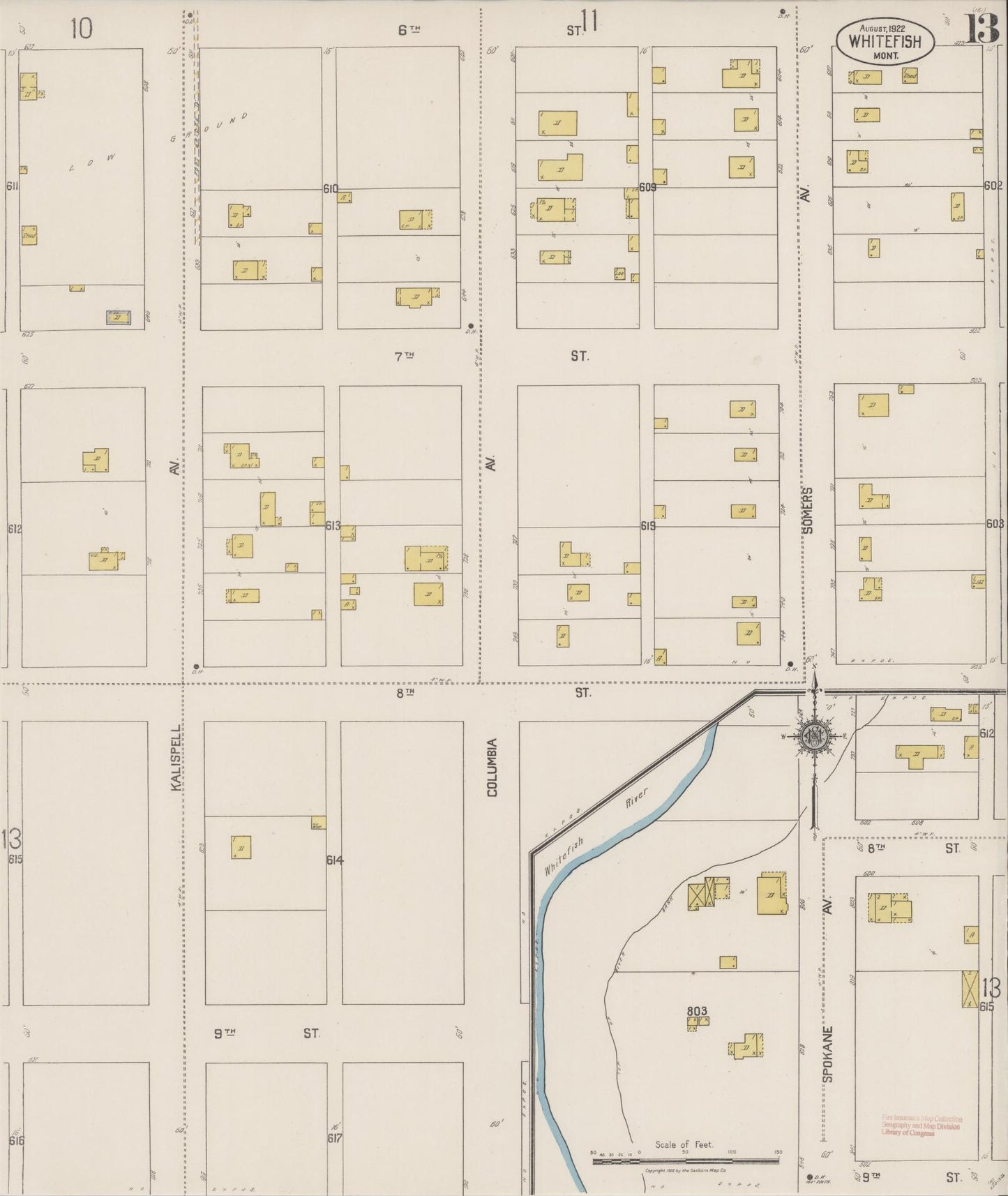 Sanborn Fire Insurance Map from Whitefish, Flathead County, Montana (1922), Sheet #0013 - Historic Sanborn Fire Insurance Map Print, vintage old map wall art, antique decor, genealogy gift, Montana Montana map