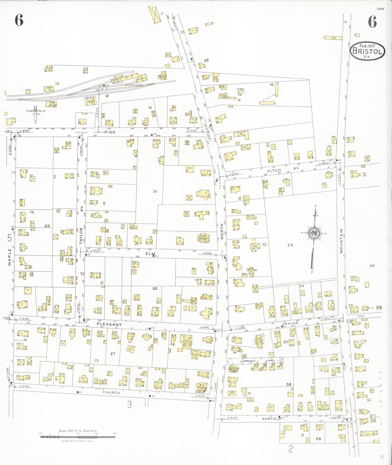 Sanborn Fire Insurance Map from Bristol, Addison County, Vermont (1927), Sheet #0006 - Historic Sanborn Fire Insurance Map Print, vintage old map wall art, antique decor, genealogy gift, Vermont Vermont map