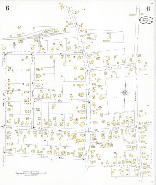 Sanborn Fire Insurance Map from Bristol, Addison County, Vermont (1927), Sheet #0006 - Historic Sanborn Fire Insurance Map Print, vintage old map wall art, antique decor, genealogy gift, Vermont Vermont map