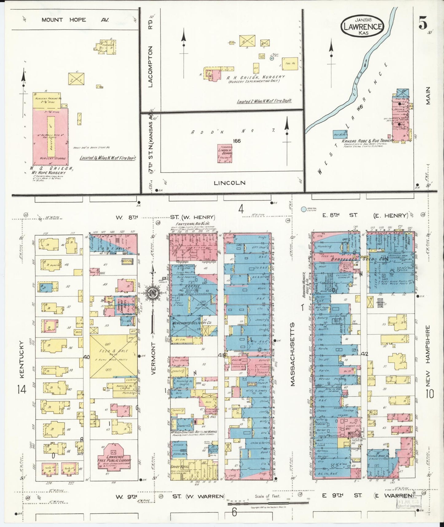Sanborn Fire Insurance Map from Lawrence, Douglas County, Kansas (1918), Sheet #0005 - Historic Sanborn Fire Insurance Map Print, vintage old map wall art, antique decor, genealogy gift, Kansas Kansas map