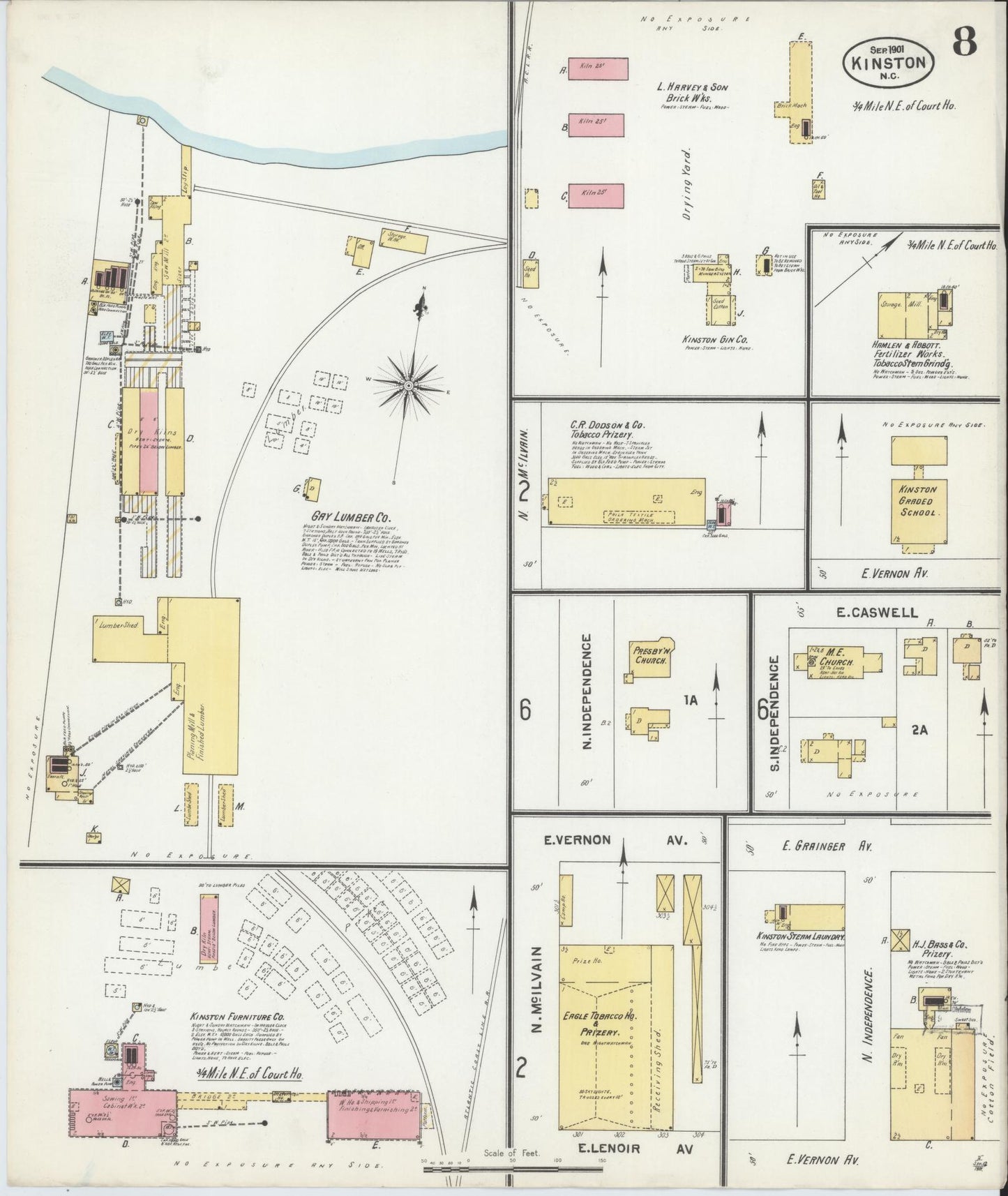 Sanborn Fire Insurance Map from Kinston, Lenoir County, North Carolina (1901), Sheet #0008 - Complete Map Set gallery image, historic Sanborn map, vintage wall art, North Carolina North Carolina