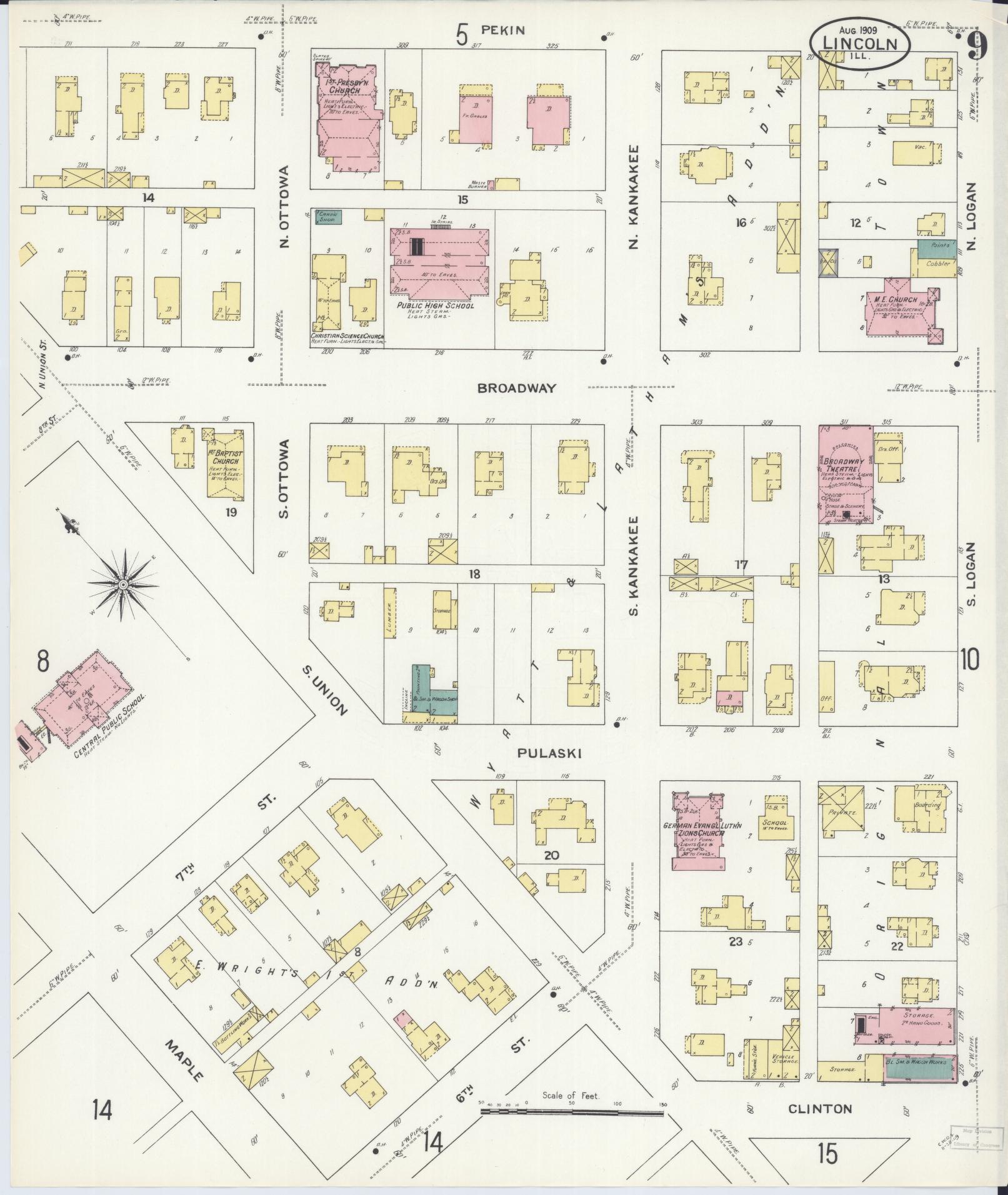 Sanborn Fire Insurance Map from Lincoln, Logan County, Illinois (1909), Sheet #0009 - Historic Sanborn Fire Insurance Map Print, vintage old map wall art, antique decor, genealogy gift, Illinois Illinois map