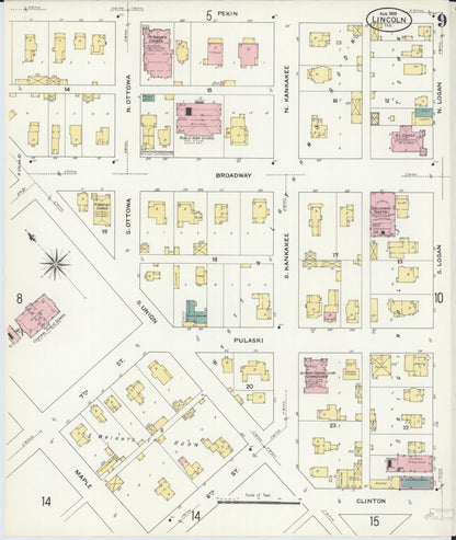 Sanborn Fire Insurance Map from Lincoln, Logan County, Illinois (1909), Sheet #0009 - Historic Sanborn Fire Insurance Map Print, vintage old map wall art, antique decor, genealogy gift, Illinois Illinois map