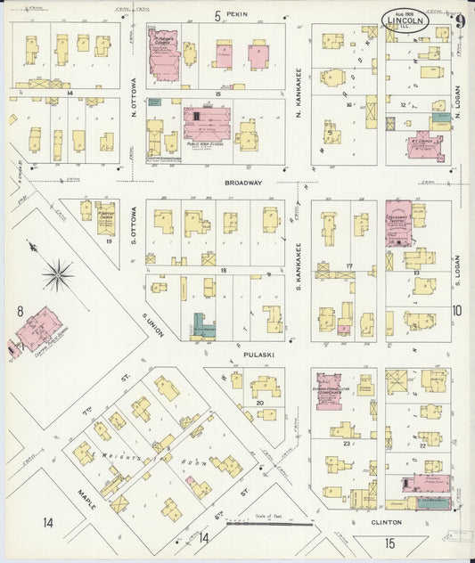 Sanborn Fire Insurance Map from Lincoln, Logan County, Illinois (1909), Sheet #0009 - Historic Sanborn Fire Insurance Map Print, vintage old map wall art, antique decor, genealogy gift, Illinois Illinois map