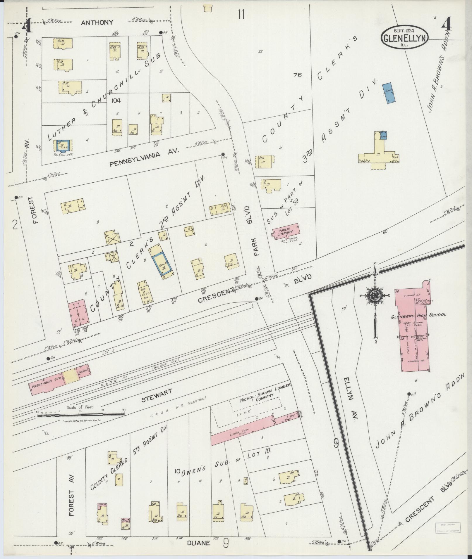Sanborn Fire Insurance Map from Glen Ellyn, Du Page County, Illinois (1924), Sheet #0004 - Historic Sanborn Fire Insurance Map Print, vintage old map wall art, antique decor, genealogy gift, Illinois Illinois map