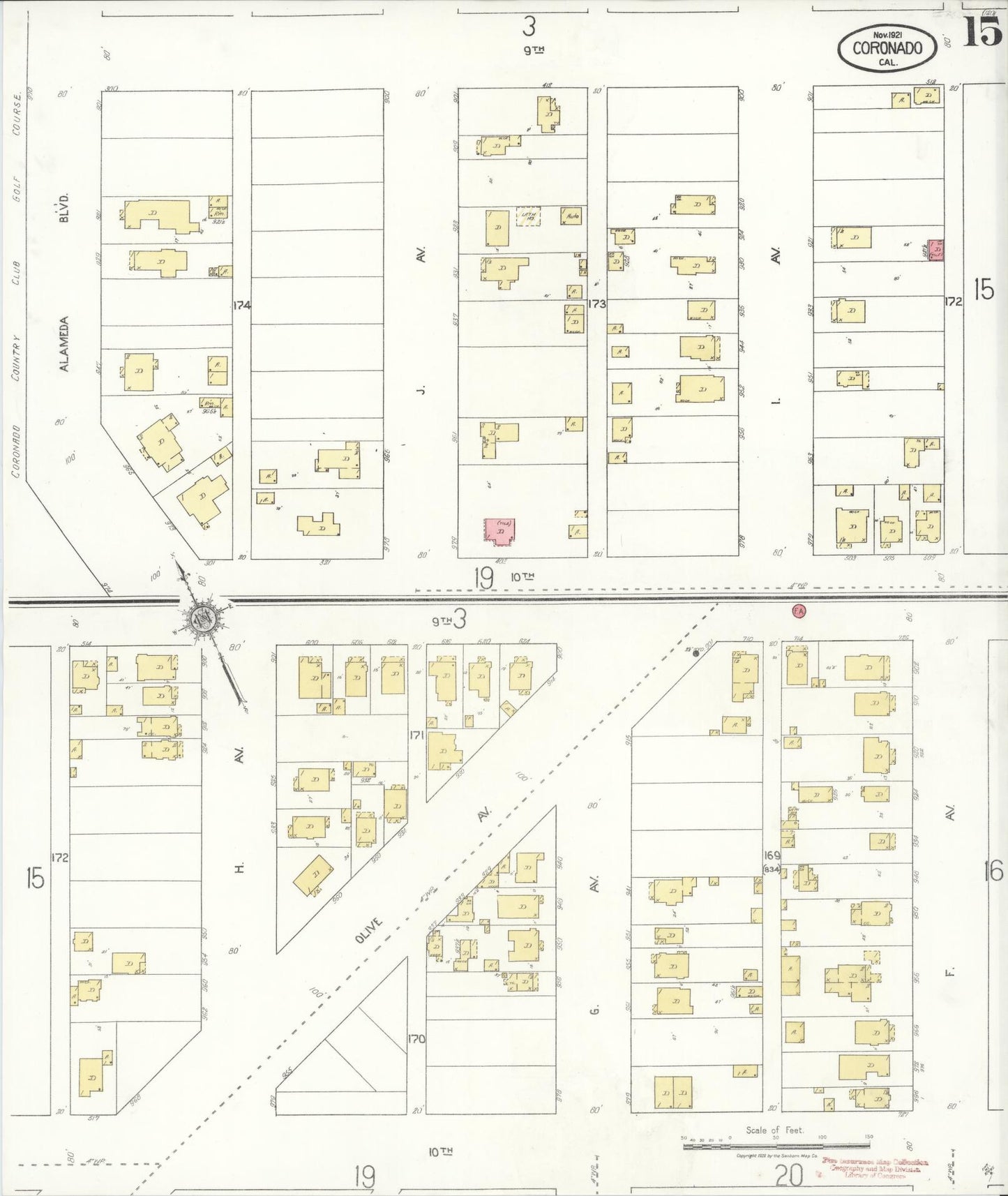 Sanborn Fire Insurance Map from Coronado, San Diego County, California (1921), Sheet #0015 - Complete Map Set gallery image, historic Sanborn map, vintage wall art, California California