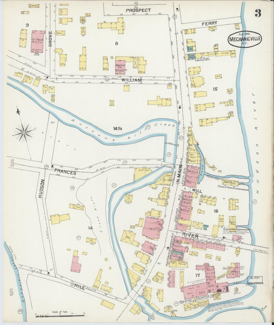 Sanborn Fire Insurance Map from Mechanicville, Saratoga County, New York (1892), Sheet #0003 - Historic Sanborn Fire Insurance Map Print, vintage old map wall art, antique decor, genealogy gift, New York New York map