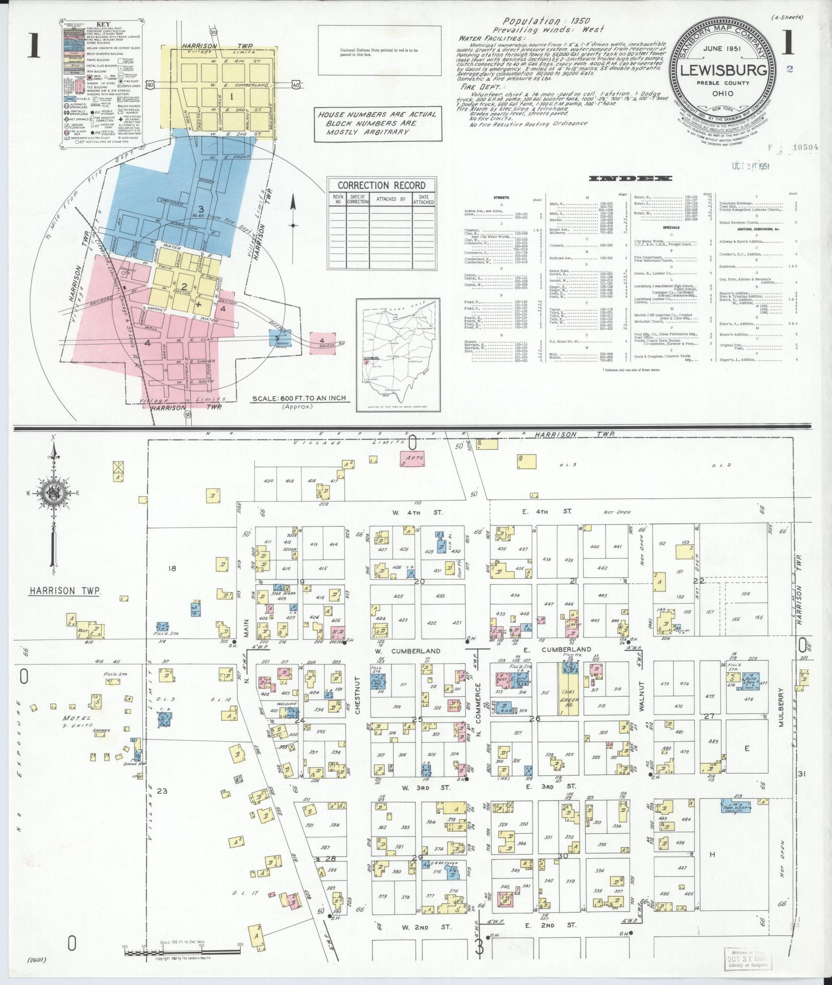 Sanborn Fire Insurance Map from Lewisburg, Preble County, Ohio (1951), Sheet #0001 - Complete Map Set gallery image, historic Sanborn map, vintage wall art, Ohio Ohio