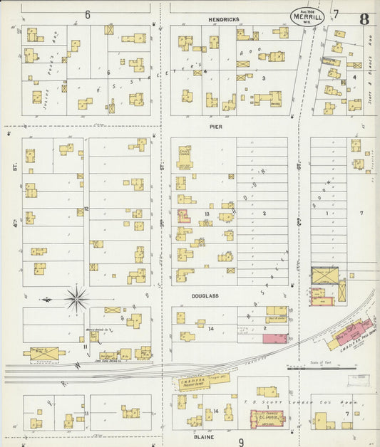 Sanborn Fire Insurance Map from Merrill, Lincoln County, Wisconsin (1902), Sheet #0008 - Historic Sanborn Fire Insurance Map Print, vintage old map wall art, antique decor, genealogy gift, Wisconsin Wisconsin map