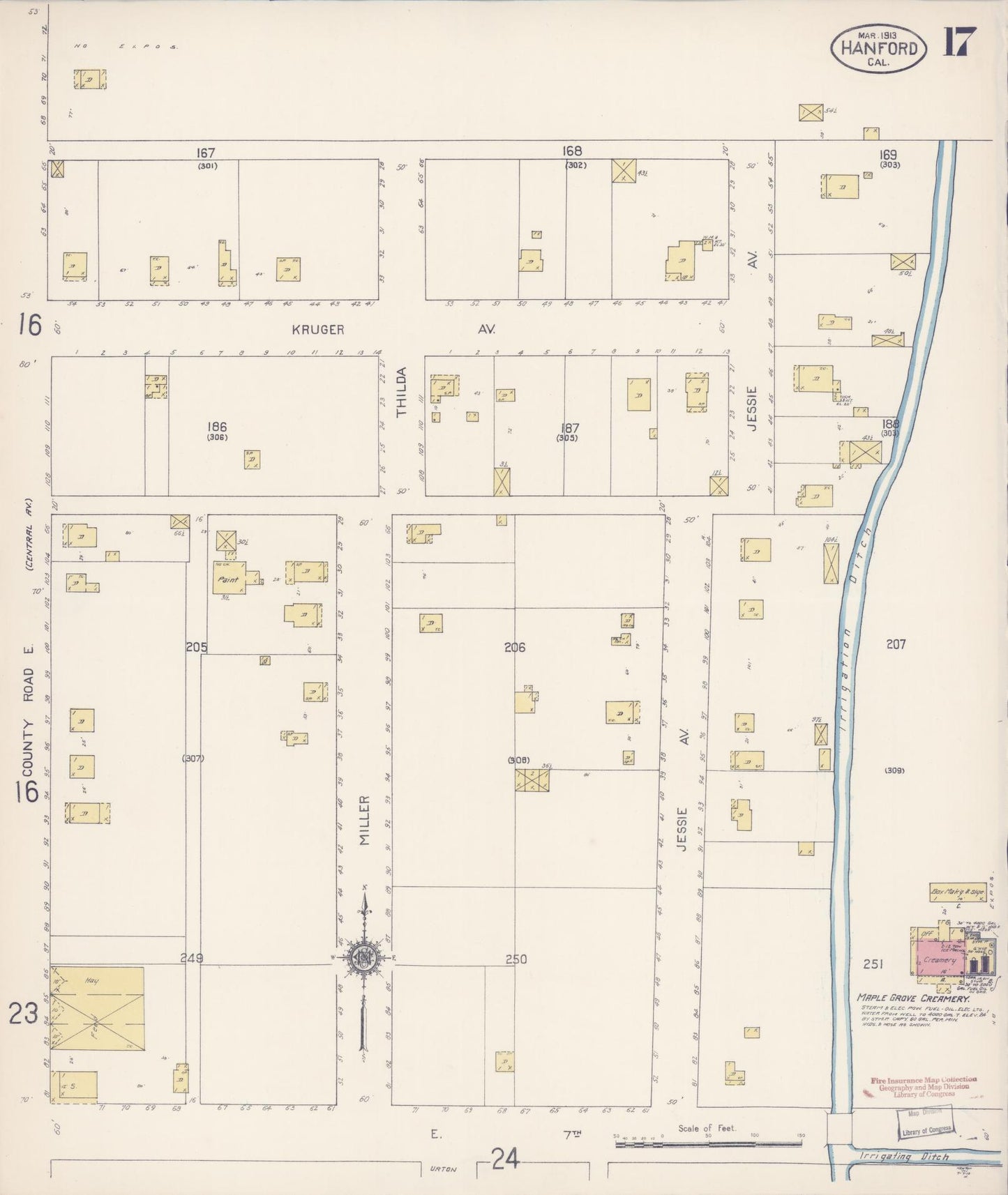 Sanborn Fire Insurance Map from Hanford, Kings County, California (1913), Sheet #0017 - Historic Sanborn Fire Insurance Map Print, vintage old map wall art, antique decor, genealogy gift, California California map