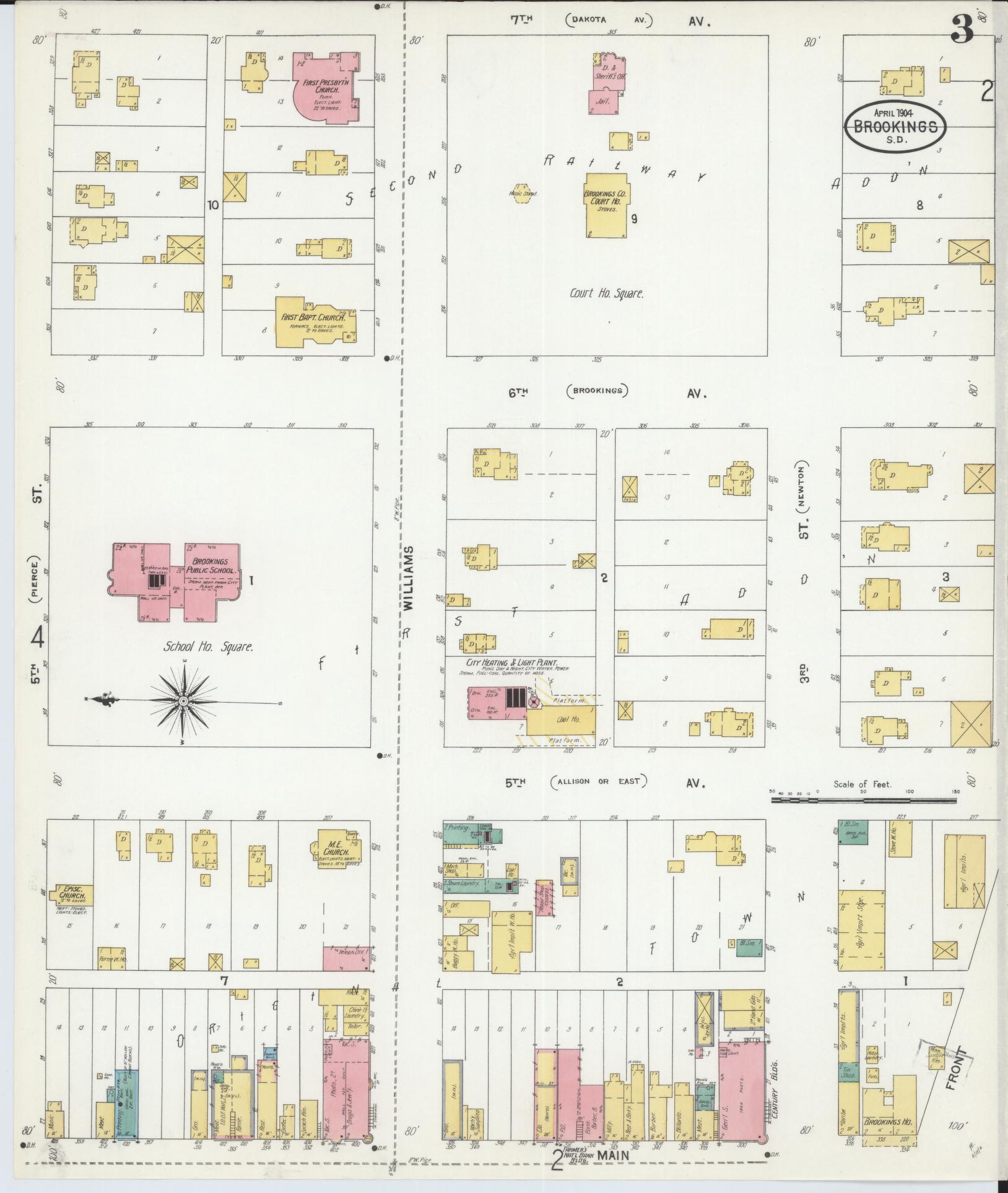 Sanborn Fire Insurance Map from Brookings, Brookings County, South Dakota (1904), Sheet #0003 - Historic Sanborn Fire Insurance Map Print, vintage old map wall art, antique decor, genealogy gift, South Dakota South Dakota map