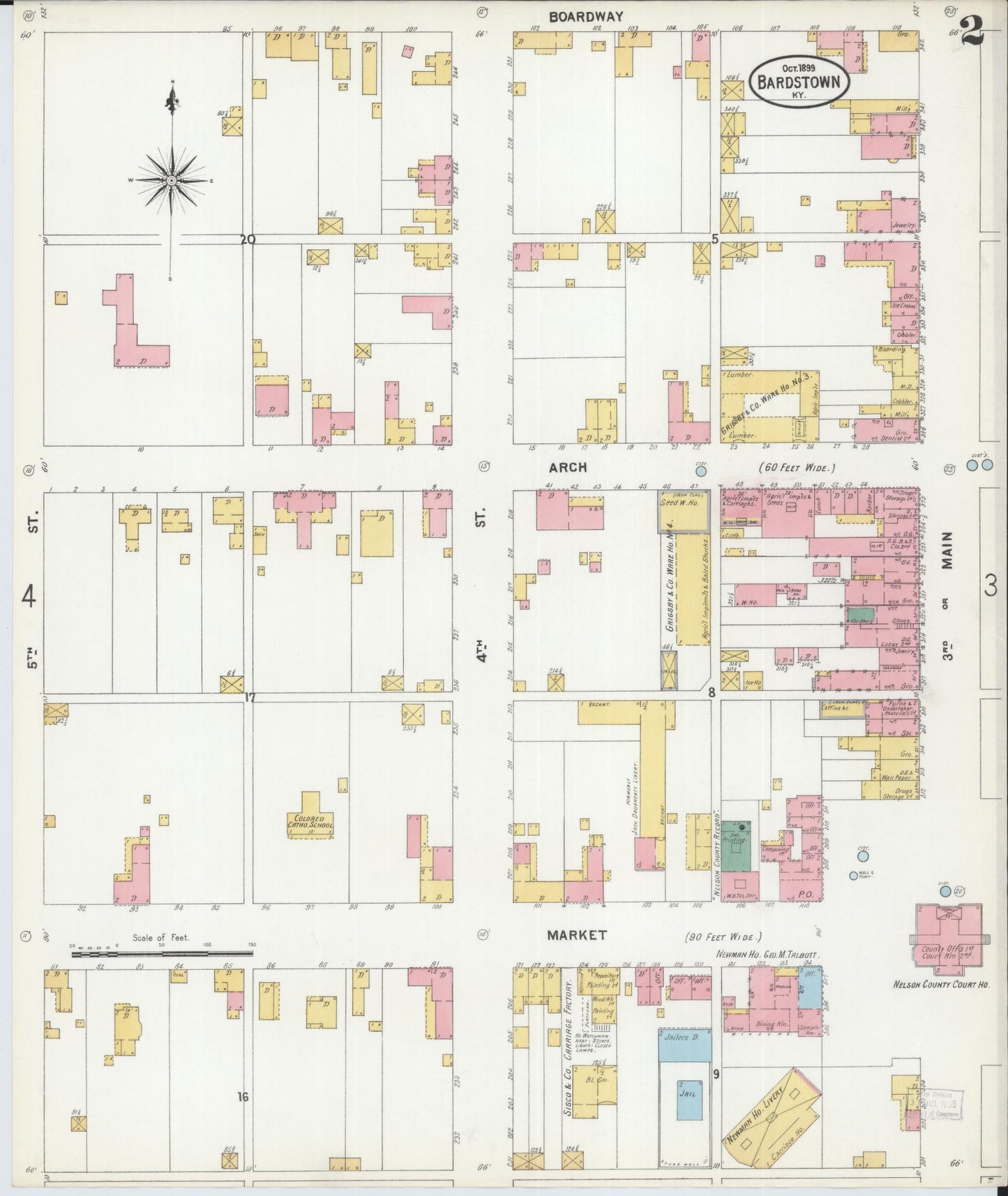 Sanborn Fire Insurance Map from Bardstown, Nelson County, Kentucky (1899), Sheet #0002 - Complete Map Set gallery image, historic Sanborn map, vintage wall art, Kentucky Kentucky