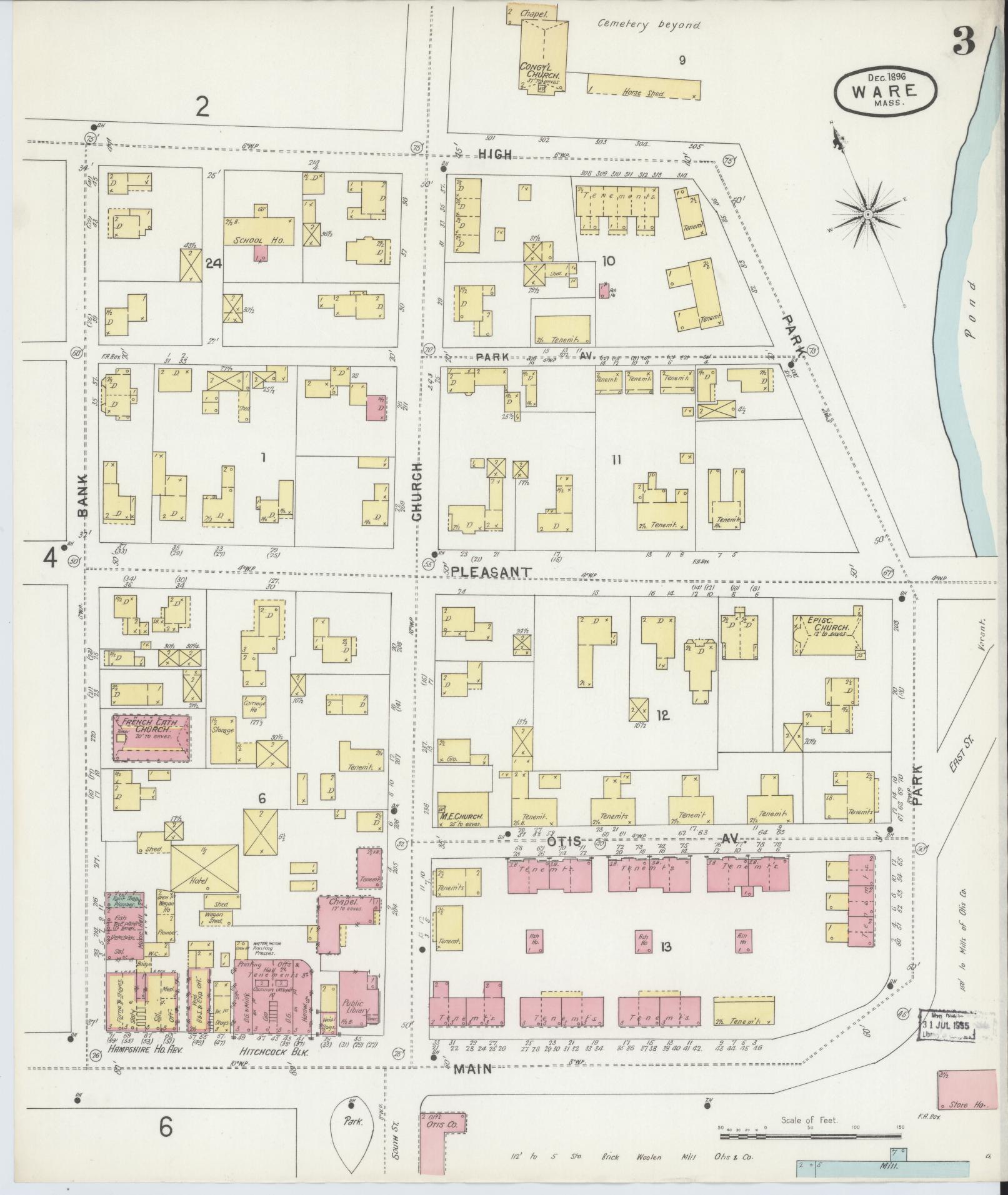 Sanborn Fire Insurance Map from Ware, Hampshire County, Massachusetts (1896), Sheet #0003 - Historic Sanborn Fire Insurance Map Print, vintage old map wall art, antique decor, genealogy gift, Massachusetts Massachusetts map