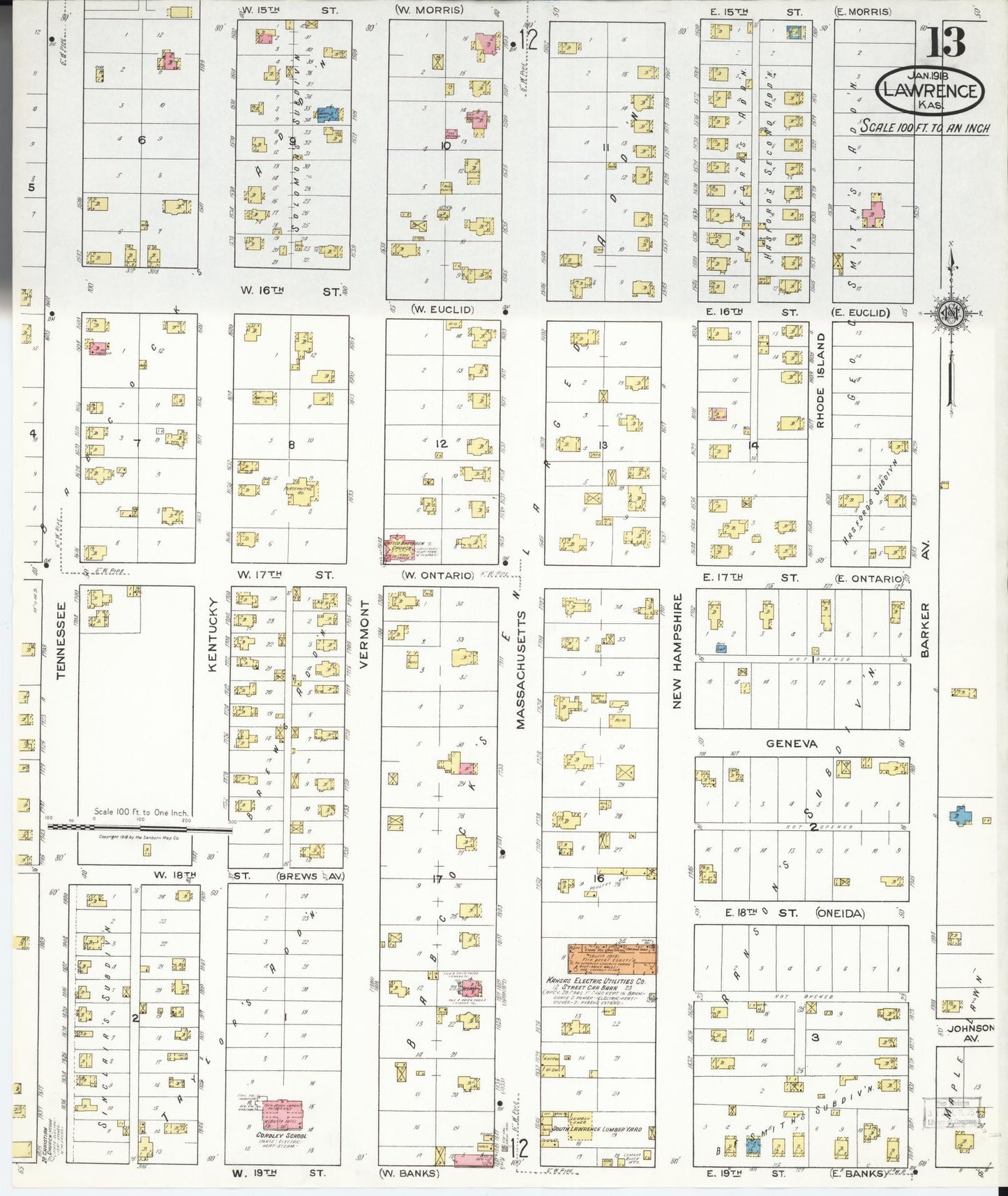 Sanborn Fire Insurance Map from Lawrence, Douglas County, Kansas (1918), Sheet #0013 - Complete Map Set gallery image, historic Sanborn map, vintage wall art, Kansas Kansas