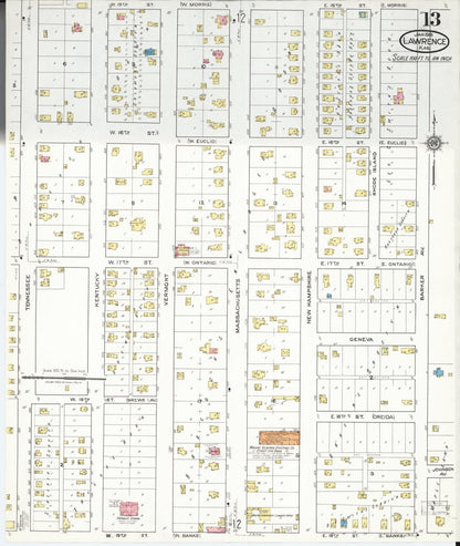 Sanborn Fire Insurance Map from Lawrence, Douglas County, Kansas (1918), Sheet #0013 - Complete Map Set gallery image, historic Sanborn map, vintage wall art, Kansas Kansas