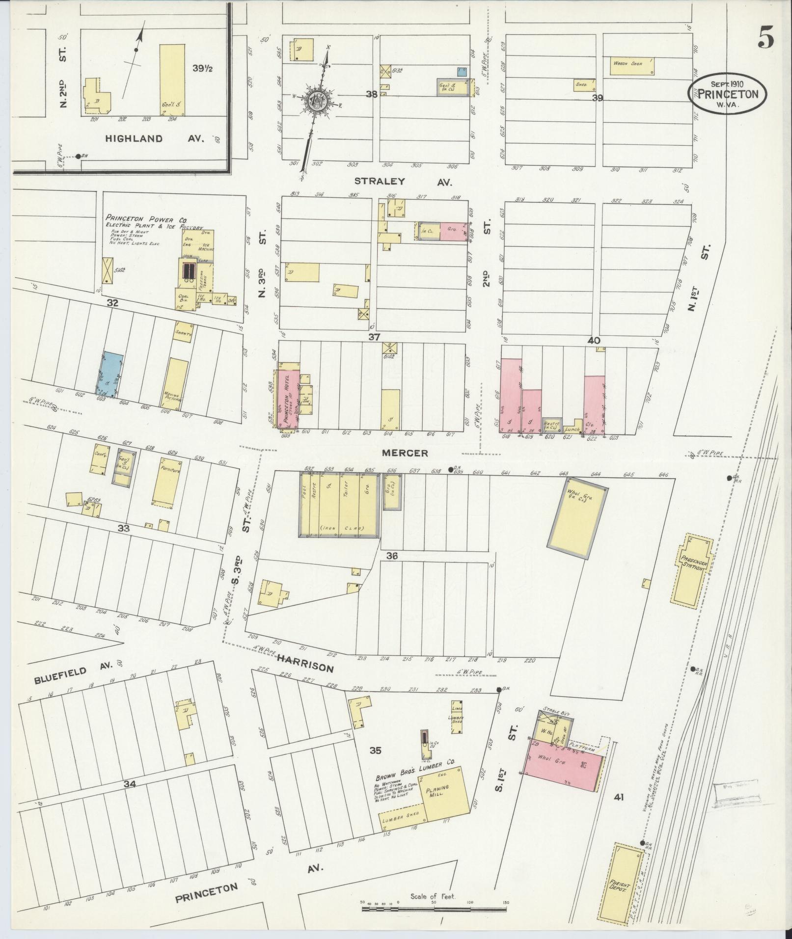 Sanborn Fire Insurance Map from Princeton, Mercer County, West Virginia (1910), Sheet #0005 - Complete Map Set gallery image, historic Sanborn map, vintage wall art, West Virginia West Virginia