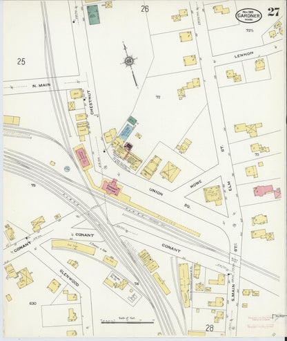 Sanborn Fire Insurance Map from Gardner, Worcester County, Massachusetts (1909), Sheet #0027 - Historic Sanborn Fire Insurance Map Print, vintage old map wall art, antique decor, genealogy gift, Massachusetts Massachusetts map
