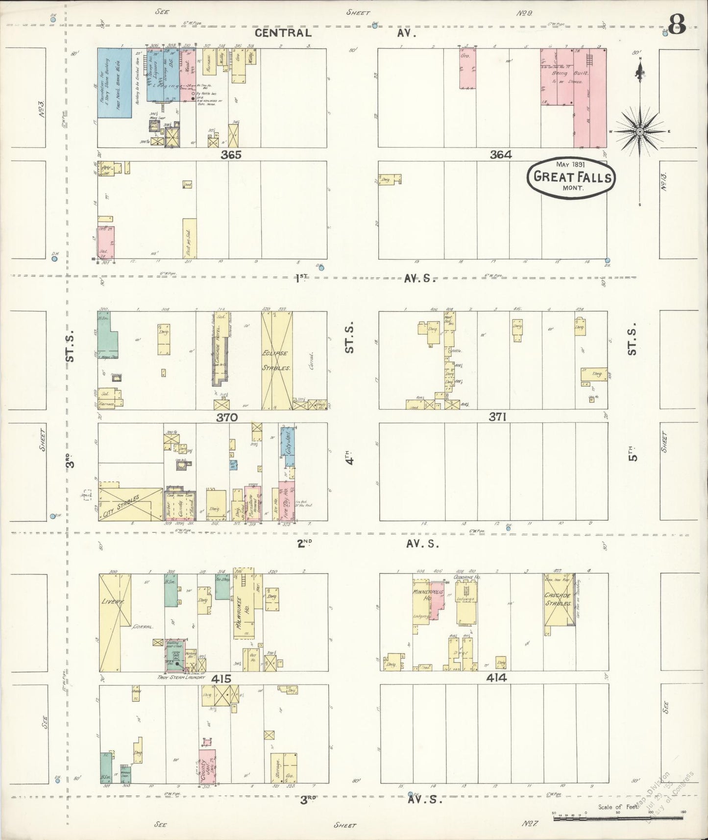 Sanborn Fire Insurance Map from Great Falls, Cascade County, Montana (1891), Sheet #0008 - Complete Map Set gallery image, historic Sanborn map, vintage wall art, Montana Montana