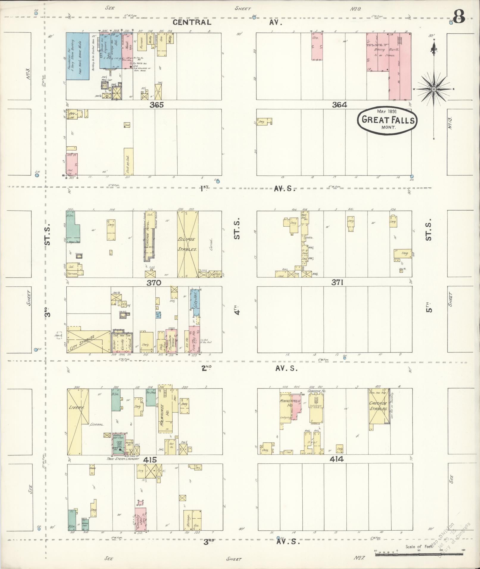 Sanborn Fire Insurance Map from Great Falls, Cascade County, Montana (1891), Sheet #0008 - Complete Map Set gallery image, historic Sanborn map, vintage wall art, Montana Montana