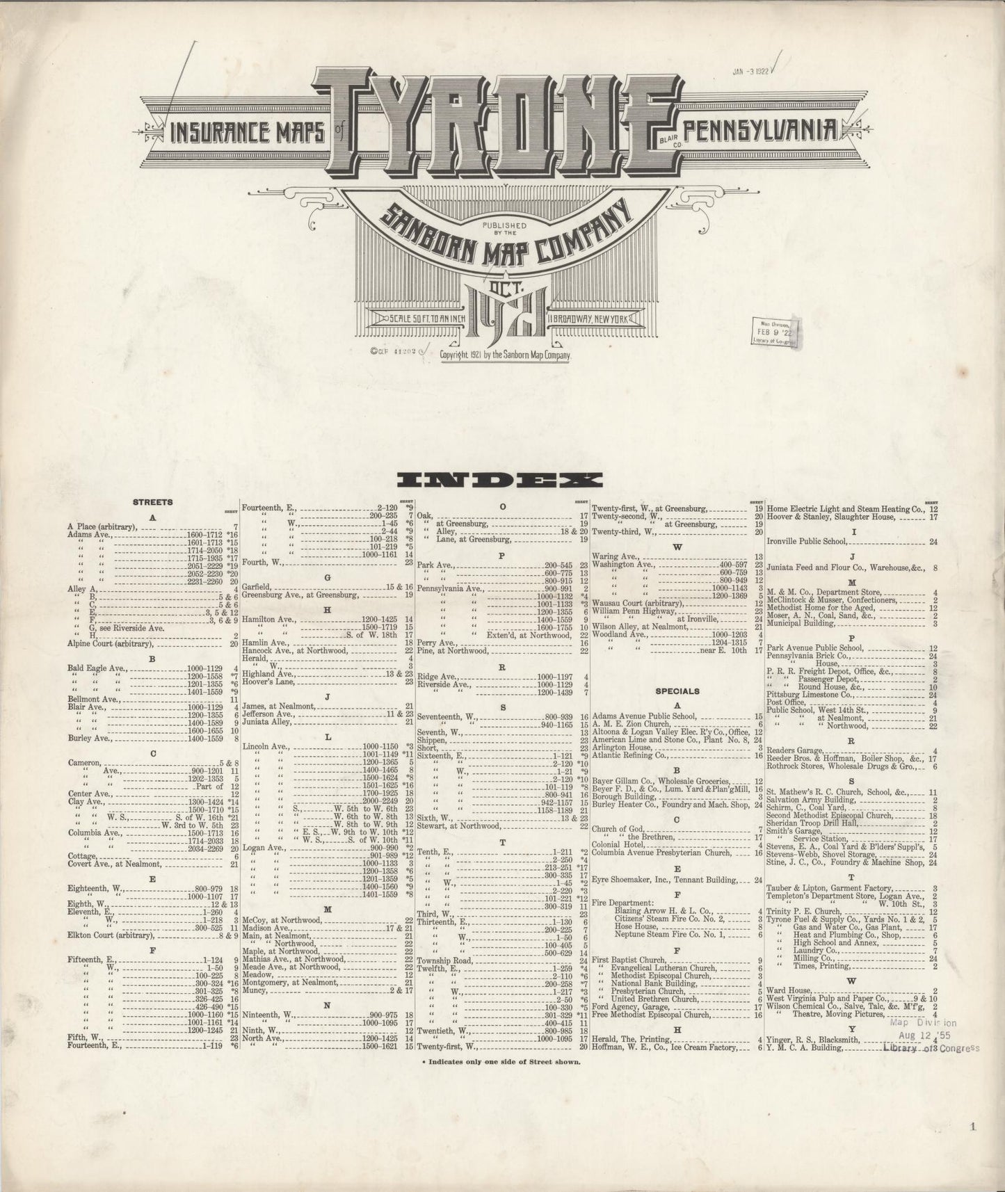 Sanborn Fire Insurance Map from Tyrone, Blair County, Pennsylvania (1921), Sheet #0001 - Historic Sanborn Fire Insurance Map Print, vintage old map wall art, antique decor, genealogy gift, Pennsylvania Pennsylvania map