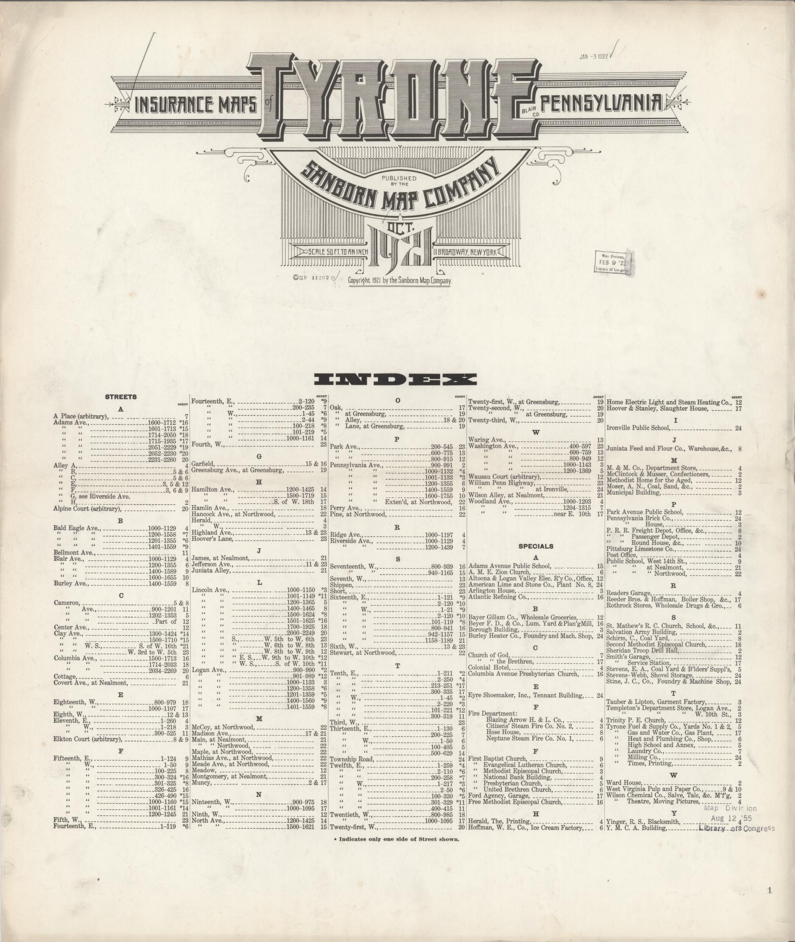 Sanborn Fire Insurance Map from Tyrone, Blair County, Pennsylvania (1921), Sheet #0001 - Historic Sanborn Fire Insurance Map Print, vintage old map wall art, antique decor, genealogy gift, Pennsylvania Pennsylvania map