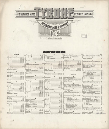 Sanborn Fire Insurance Map from Tyrone, Blair County, Pennsylvania (1921), Sheet #0001 - Historic Sanborn Fire Insurance Map Print, vintage old map wall art, antique decor, genealogy gift, Pennsylvania Pennsylvania map