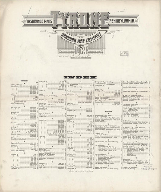 Sanborn Fire Insurance Map from Tyrone, Blair County, Pennsylvania (1921), Sheet #0001 - Historic Sanborn Fire Insurance Map Print, vintage old map wall art, antique decor, genealogy gift, Pennsylvania Pennsylvania map