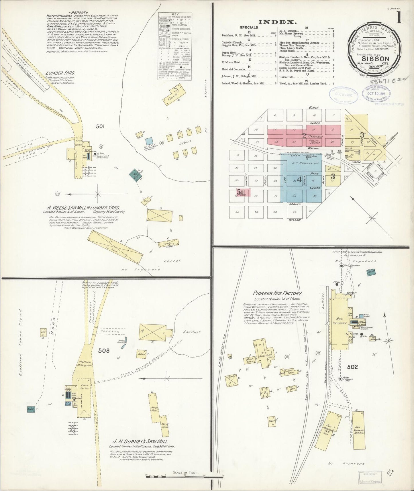 Sanborn Fire Insurance Map from Sisson, Siskiyou County, California (1897), Sheet #0001 - Complete Map Set gallery image, historic Sanborn map, vintage wall art, California California