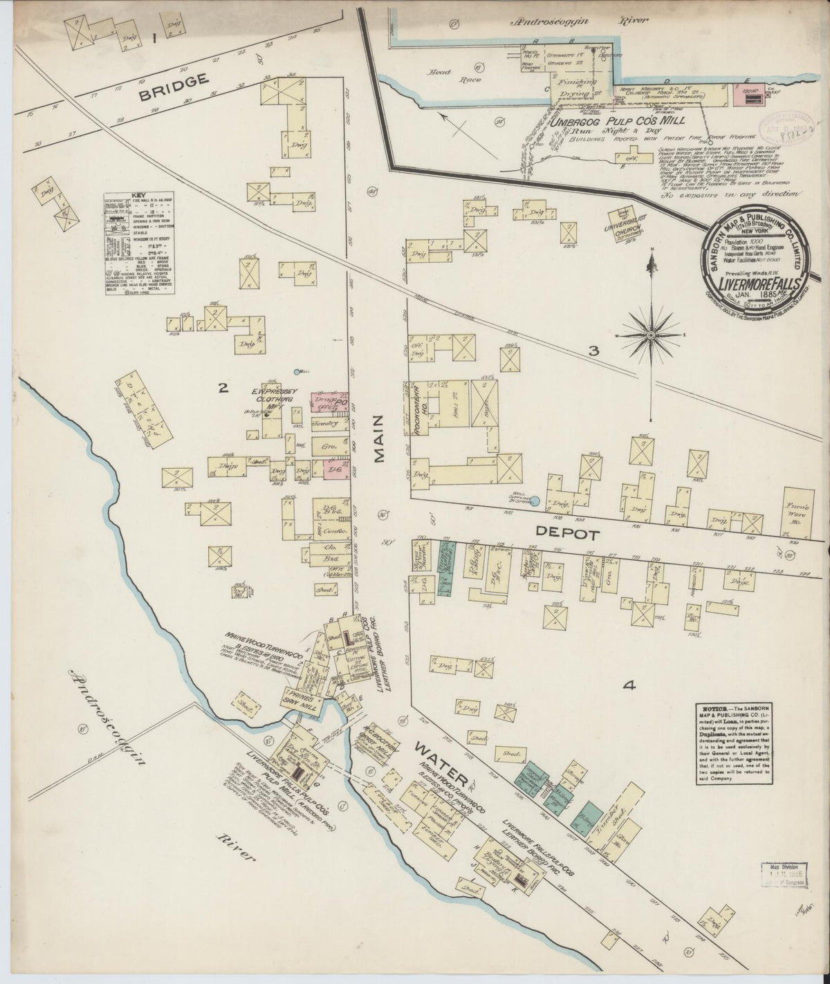 Sanborn Fire Insurance Map from Livermore Falls, Androscoggin County, Maine (1885), Sheet #0001 - Historic Sanborn Fire Insurance Map Print, vintage old map wall art, antique decor, genealogy gift, Maine Maine map
