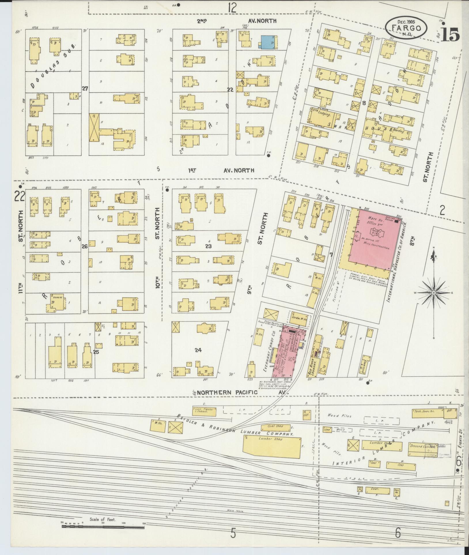Sanborn Fire Insurance Map from Fargo, Cass County, North Dakota (1905), Sheet #0015 - Historic Sanborn Fire Insurance Map Print, vintage old map wall art, antique decor, genealogy gift, North Dakota North Dakota map